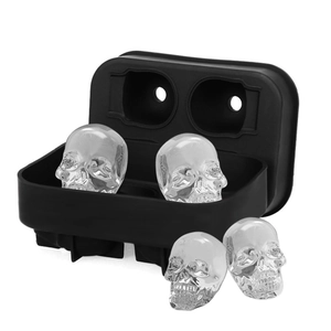 Black 4-cavity silicone skull ice mold for creative DIY Halloween cocktails on white background