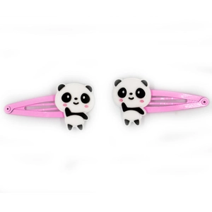 Detail of pink metal snap hair clips featuring 3D cartoon panda charms for kids