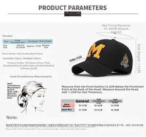 Size chart for full closure baseball cap showing head circumference 55-60cm and dimensions