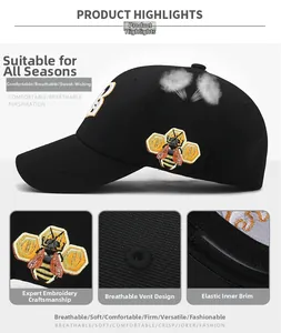 Detail of embroidered bee and 3D letter B on a black cotton baseball cap
