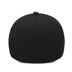Back view of black fitted baseball cap with solid stretch closed back and 3D embroidery