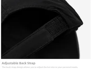Détail de la sangle réglable en velcro et de la texture du tissu du chapeau noir