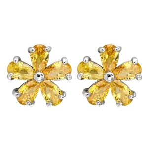 Elegant flower stud earrings with yellow pear-cut zircon petals and silver metal base