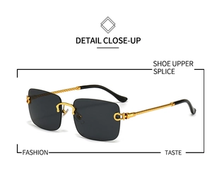 Detail close-up of rimless square sunglasses with golden twisted rope metal temples