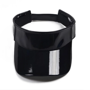 Glossy black patent leather visor cap with reflective surface and open top for summer sun protection