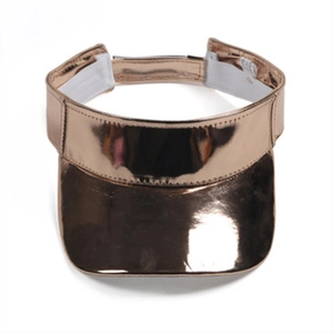Metallic rose gold sun visor with reflective mirror finish and adjustable strap