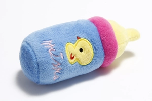 Detail of plush milk bottle dog toy featuring a blue body with a cute chick embroidery