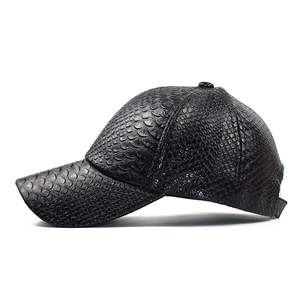 Unisex black baseball cap featuring stylish faux crocodile skin scale texture in 45-degree view