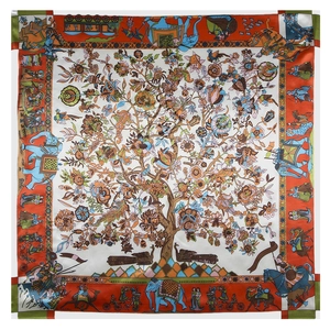 90cm silk scarf featuring ethnic tree of life pattern with elephants and horses