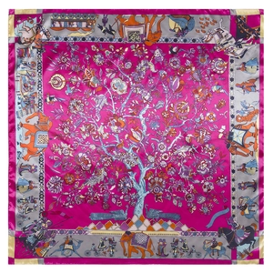 90cm square silk scarf with magenta Tree of Life pattern and ethnic Indian court motifs