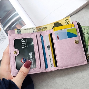 Pink PU leather wallet interior featuring multiple card slots and a clear ID window