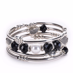 Bracelet Enroulé Multicouche Bohème Avec Cristal Fausse Künstliche Perle Charmes Cœur Arbre De Vie Bijoux Femme Couleur Argent