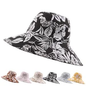 Women Reversible Bucket Hat Wide Brim Sun Protection Floral Tropical Print Cotton Polyester Summer Beach Travel Hat