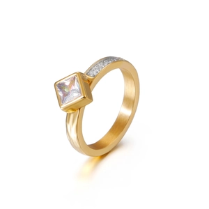 Stainless Steel Ring With Square Zirconia And Pave Micro Diamonds 18K Gold Plated Geometric Fashion Jewelry For Women