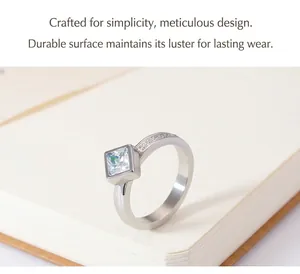 Macro detail of square cubic zirconia ring with micro-paved side stones on a notebook