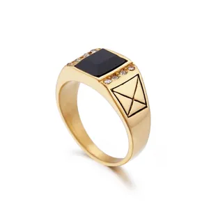 Chevalière Homme Acier Inoxydable Avec Pierre Noire Et Zircone Croix Géométrique Bijoux Rétro Hip Hop