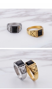 Vue détaillée de la bague vintage pour homme avec pierre noire et diamants