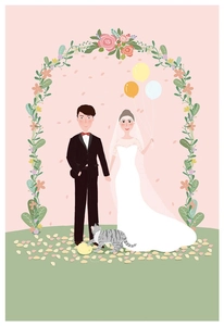 Detail of printed cotton drawstring pouch featuring cartoon wedding bride and groom