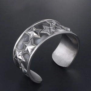 Retro punk titanium steel wide open bangle for men with embossed five-pointed stars