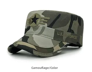 Close-up of military cadet cap featuring camouflage pattern and U.S. AIRFORCE embroidery