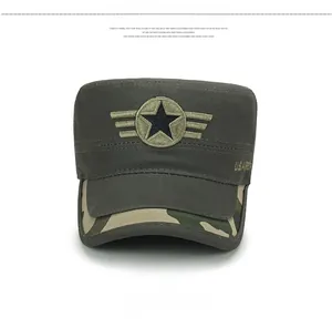 Detail of army green cadet cap featuring star embroidery and camouflage visor texture