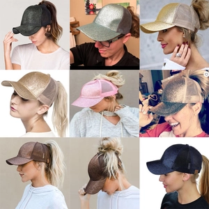 Detailed grid showing glitter high ponytail baseball caps in various metallic colors