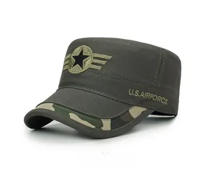 Detail of army green military cap with camo brim and U.S. AIRFORCE embroidery