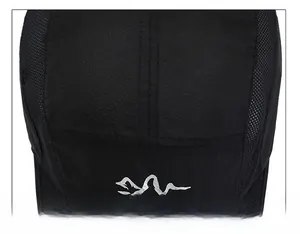 Detail of reinforced stitching and breathable mesh fabric on a black outdoor sports cap