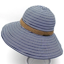 Detail showing blue and white striped cotton denim texture with brown woven band detail