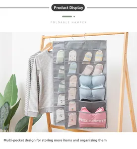 Detail van grijze oxford hangorganizer met mesh zakken voor beha's en sokken