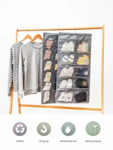 Detail view of grey hanging organizer with mesh pockets for socks and underwear storage