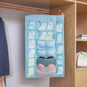 Light blue double-sided hanging storage bag for bras and socks with 30 mesh pockets