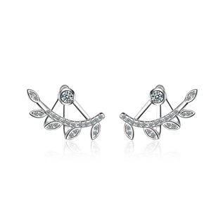 Sparkling silver leaf stud earrings with zircon stones and elegant olive branch design