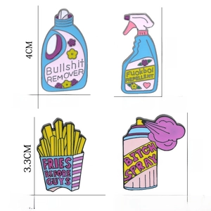 Creative enamel pins set featuring detergent bottle and fries with funny slogans