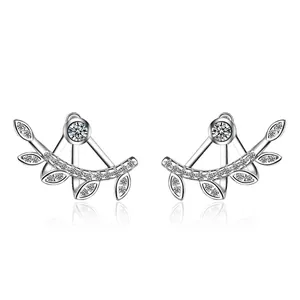 Elegant Copper Leaf Stud Earrings For Women Forest Style Fresh Branch Design Niche Rhinestone Jewelry Silver Color Accessory