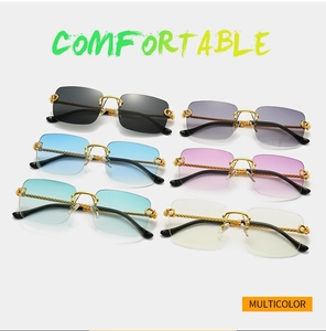 Detailed collection of rimless rectangular sunglasses with twisted metal temples in multiple colors