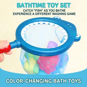 Toddler Bath Toy Fishing Net With Squeaky Spraying Animals Water Play Color Changing Educational PVC ABS Soft Rubber