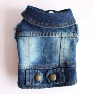 Vintage blue washed denim pet vest for dogs with metal buttons and frayed sleeve detail