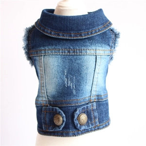 Blue washed denim pet vest with vintage button details for small dogs on white background