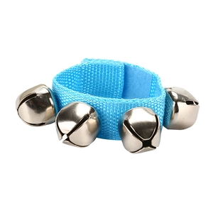 Blue wrist bell shaker toy with four silver bells and adjustable nylon velcro strap