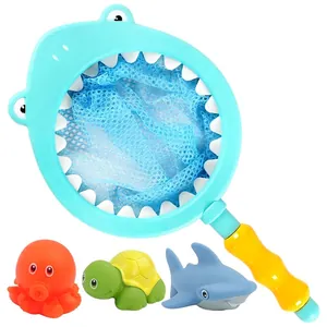 Shark fishing net toy set for baby bath with color-changing octopus and water squirt toys