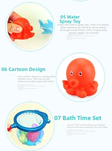 Detail of colorful water-squirting animal bath toys with a handheld fishing net