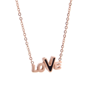 Close-up of rose gold LOVE pendant with black enamel inlay on a delicate chain