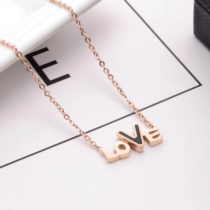 Minimalist rose gold LOVE letter necklace with black enamel inlay for women