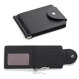 Slim black PU leather wallet detail showing internal card slots and metal money clip