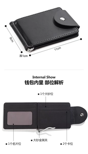 Slim black PU leather wallet detail showing internal card slots and metal money clip