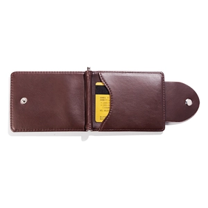 Deep brown PU leather men's wallet with silver money clip and secure button closure