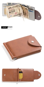 Close-up of brown PU leather men's wallet with metal money clip and card slots