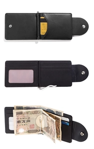 Detail view of black PU leather wallet featuring metal money clip and snap button closure