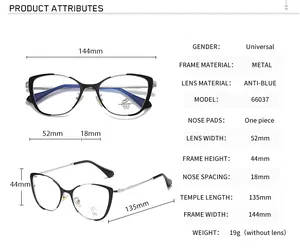 Detailed technical size chart for two-tone metal cat-eye anti-blue light glasses frame